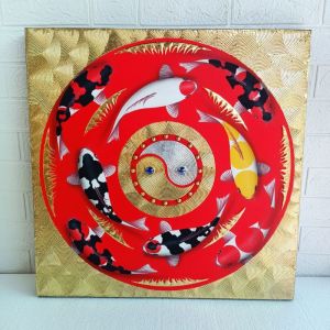 รูปมงคล ภาพมงคล ปลาคราฟ8ตัว ปลามงคล 60x60cm ผ้าใบภาพวาดสีน้ำ พื้นแดงขอบมุมทอง painting canvas