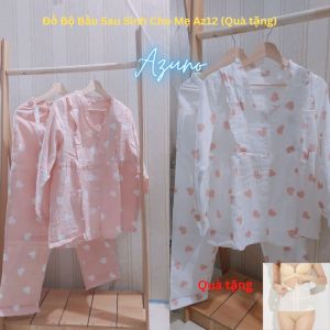 (Ảnh Thật) Bộ Đồ Bầu Và Sau Sinh Cổ Tim Azuno AZ12 Chất Liệu Xô Nhật Có Thiết Kế Khe Mở Cho Con Bú - Tặng đai gen bụng