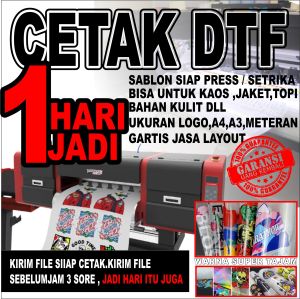 Cetak sablon DTF untuk KAOS JAKET SWEATER HOODIE Bisa setrika sendiri Di rumah /Stiker Sablon siap Press / ukuran A4 A3 DTF METERAN ALAT KERAJINAN