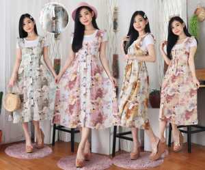 Midi Dress Jumpsuit OVERALL The ROSE / Baju Dress Playsuit Wanita Korean Style Terbaru