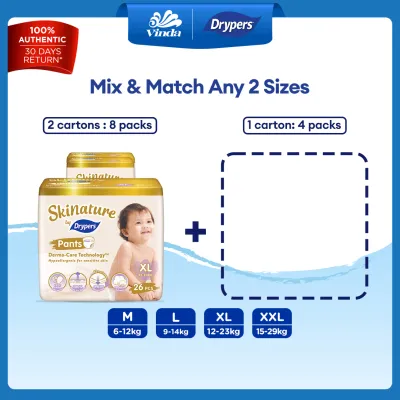 Skinature Pants by Drypers Baby Diapers M38/ L32/ XL26/ XXL22 (12 Packs) - Super Soft & Allergen-free