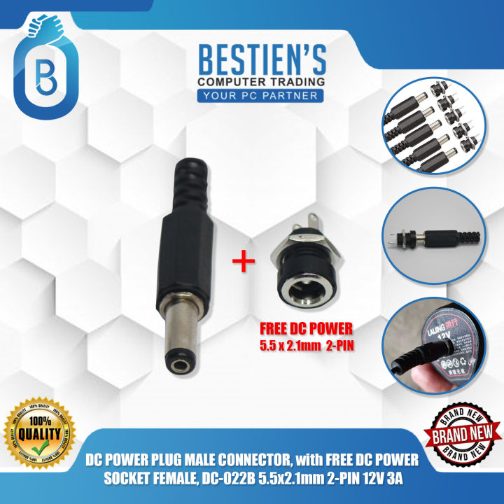 DC POWER PLUG MALE CONNECTOR, with FREE DC POWER SOCKET FEMALE, DC-022B 5.5x2.1mm 2-PIN 12V 3A