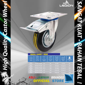 Roda Lori KARET 3" inch / 75 mm REM Multi Arah Besi Caster Troli - Trolley BRAKE Castor Wheel LEGION