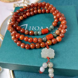 Vòng tay đá Cẩm Thạch Huyết size 6 li kiểu quấn 3 vòng phối cẩm thạch dầu ngọc jasper charm hoa sen hoà điền | Hoa Minh Gem
