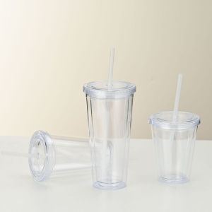 JJT Clear Double-Wall Plastic Tumbler with Lid and Straw for Cold Drinks Ideal for Juice and Iced Coffee