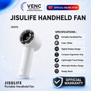 JISULIFE Handheld Fan White Portable Handheld Fan Digital Display Design Compact Ergonomic Grip Lightweight Travel Design Minimalist Modern Design Ready Stock