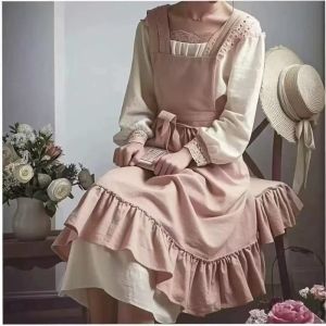 SEEDING Ruffled Hem Design Cotton Linen Apron Solid Color French Pastoral Kitchen Baking Apron Vintage Artsy Florist Ruffled Apron For Wedding