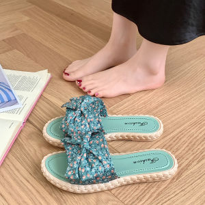 [Free Shipping] Womens Summer New Fashion Versatile Goddess Style Outdoor Bowknot Non-Slip Flat Slide Sandals