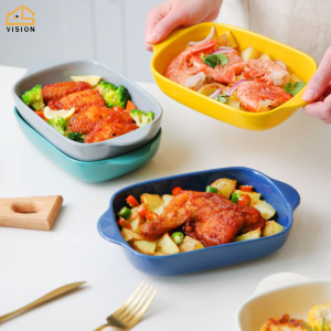 Vision Simple Ceramic Baking Pan Tray With Double Ear Nordic Style Dinner Plate Tray Large Size Baking Dish With Handle Microwave Oven Baking Square Baking Tray Tool Bakeware Baking Bowl Non-Stick Oven Safe Casserole Plate