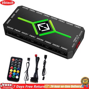 【Ready】【Vktech】1 ถึง 9 พอร์ต 3 ใน 1 5V 3 Pin ARGB Controller พัดลมระบายความร้อน Hub SATA แหล่งจ่ายไฟ PWM ARGB Fan Hub สำหรับคอมพิวเตอร์ PC พัดลม