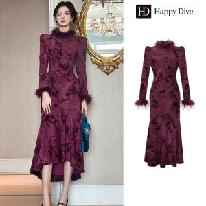 Happy Diva เดรสผู้หญิง เดรสสีม่วง เดรสกี่เพ้า เดรสหางปลา เดรสทำงาน เดรสไฮโซ เดรสวินเทจ เดรสออกงาน เดรสปาร์ตี้ ชุดราตรี 45061