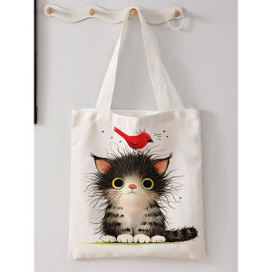 Black cat pattern printed casual handbag reusable fashionable backpack multifunctional handbag canvas shopping bag DDZG