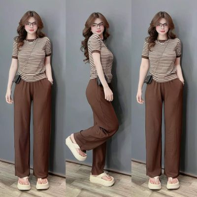 Đồ Bộ Thun Gân Tăm Lạnh Quần Dài Ống Suông mặ nhà,đi chơi siêu xinh