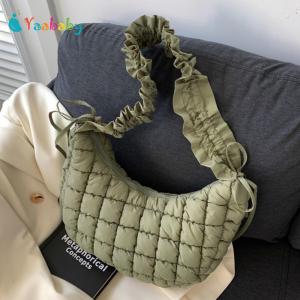 Women Crossbody Bags Solid Quilted Padded Big Purse Creative Ruched Zipper Closure Adjustable Shoulder Strap Travel Bags