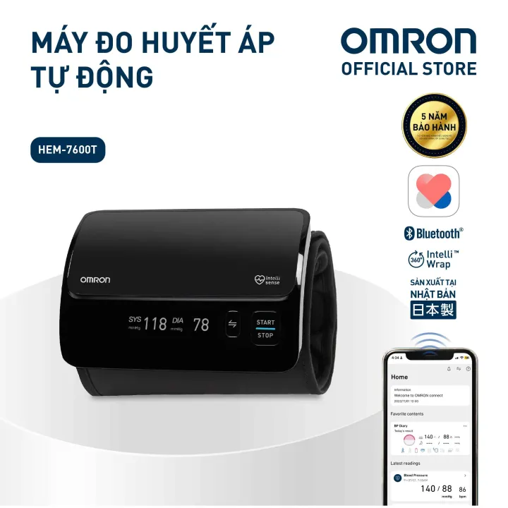 Máy Đo Huyết Áp Bắp Tay Cao Cấp Omron Hem-7600T - Kết Nối Điện Thoại - Intellisense - Sản Xuất Nhật Bản