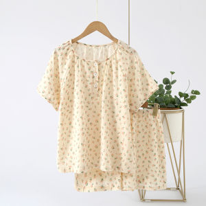 100% Cotton Crepe Double-layer Yarn Womens Pajamas Summer Short-sleeved Shorts Set Loose Large-size Loungewear