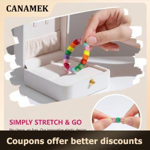 【 CANAMEK 】 Women Crystal Enamel Geometric Bracelet Elastic Rainbow Beaded Bangle Colorful Trendy Accessory for Friendship and Gifts