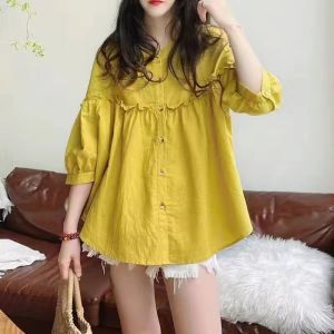 Versatile Simple Slim Shirt Loose Fit Pleated Womens Versatile Simple Slim Shirt Short Sleeve Blouse