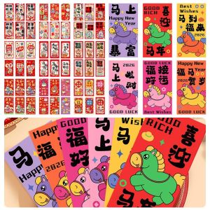 DAWEIF 6PCS Blessing Words Red Envelope God of Wealth Cartoon Horse Red Pocket Creative Accessories Hongbao Gift
