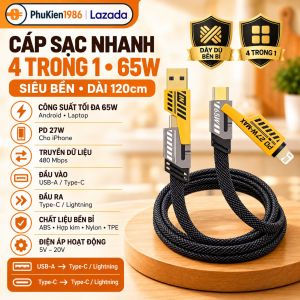 Dây cáp sạc nhanh 4 trong 1 chuẩn 65w sạc nhanh cho tất cả các loại điện thoại ( Siêu Bền )