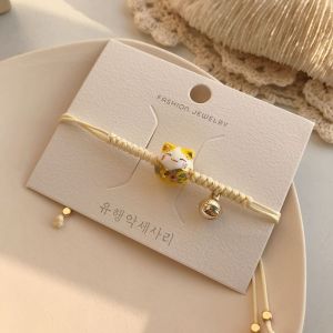 CHANBAEK Lucky Unique Creative Bell Hand Rope Ceramic Cat Pendant Cute Handmade Women Hand Ring Maneki Neko Bracelet Red Braided Rope Chinese Style Jewelry
