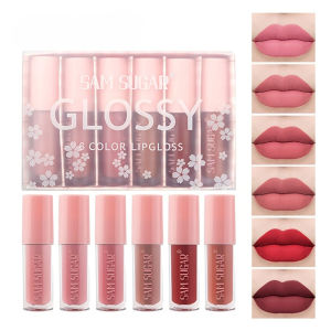 JIANGZHIB SAMSUGAR ชุดด้านลิปกลาสไม่ง่ายที่จะหายไป พื้นผิวด้านลิปสติก ถ้วยไม่ติด พื้นผิวด้านลิปสติกบรรจุหกชิ้น