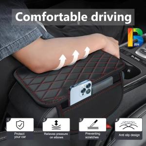 Car Armrest Cover Pad Cushion with 2 Storage Bag Center Console PU Leather Organizer Black Red Line