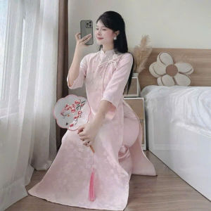 QC_ Áo dài cách tân set áo dài mặc Tết set áo Gấm Tapta đính nơ phối quần dài Tuyết Mưa