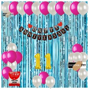Set Dekorasi Pesta Balon Putih Ulang Tahun Pernikahan Banner Happy Anniversary Hitam Tirai Biru Muda