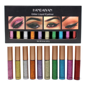 HANDAIYAN 10-Color Glitter Liquid Eyeliner Set - 10 Pens Shimmer Eyeliner Waterproof & Smudge-Proof Precision Brush for Sharp Lines Essential for Party & Stage