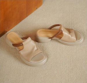 [Free Shipping] 2026 New Soft Leather Thick-Soled Open-Toe Womens Summer Sandals Soft Sole Soft Upper Chunky Heel Womens Slippers