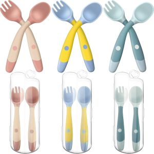 Toddler Utensils Baby Spoons and Forks Set with Case Bendable Self Feeding Training Flatware Silicone Spoon Fork for Kids Babies Children Handle Toddler Set Green Pink Yellow (3 Sets)