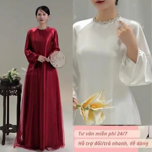 Áo dài lụa ý ( LỤA TRÁNG GƯƠNG) dáng xuông truyền thống cổ tròn đính đá tay dài loe-ÁO DÀI HÓT NĂM NAY