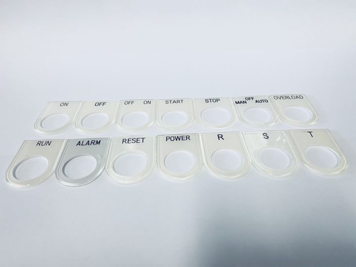 ป้ายเนมเพลท 22 MM. ON , OFF , OFF ON , STSRT , STOP , MAN OFF AUTO ...