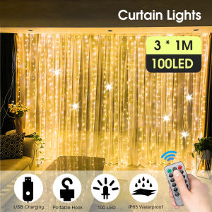 Vimite 100 LED Copper Wire Curtain Light Hook Usb Plug-in Remote Control 8 Function Indoor Room Party Christmas Festive Atmosphere Decorative Lamps