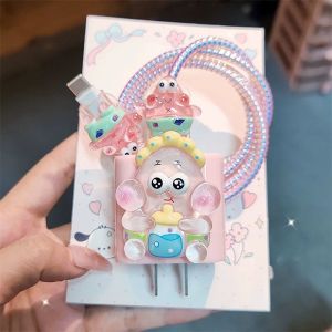5in1 Set Cover Pelindung Charger iPhone 18W/20W/25W Motif 3D Cartoon Lucu Silikon Case Pelindung Batok Ujung Kabel Pengikat Kabel Ikat Kabel Travel Adapter Adaptor Silicone Cable Bite Protector