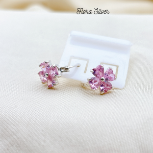 FLORA 0080B - Bông tai bạc ta hình cỏ bốn lá đá màu xanh lá đỏ hồng trắng dành cho bé gái