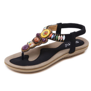 【35-42】New Ethnic Style Retro Beaded Sandals Beach Wear-resistant Flip-flops Non-slip Casual Slippers Womens Shoes