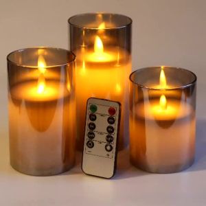 Glass Flickering Flameless Candles Battery Operated LED Pillar Candles with Remote Control and Timer Moving Flame Wax Set of 3