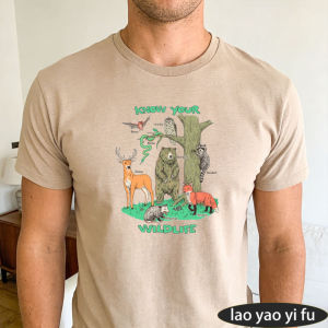 [Local Stock] HBESTY  Know Your Wildlife Forest Animals Tree Labeled Names Men Summer Cotton T Shirt Retro Nature Creature Casual Daily Holiday Top