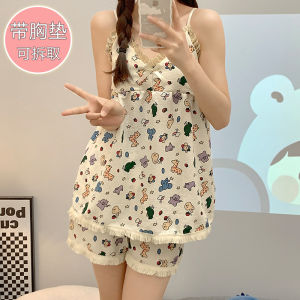 J889 (มีฟองน้ํา) ชุดนอนผ้าฝ้ายเกาหลี ลายดอกไม้ ความสวยเซ็กซี่ ชุด 2 ชิ้น เสื้อ + กางเกง ชุดนอนขนาดใหญ่ Size L-5XL