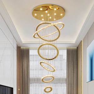 Modern Spiral Multi-Layer Gold Crystal Ring Chandelier Long Hanging LED Pendant Light for 2-Story Stairwell Villa Entrance Hall Duplex Condo Lobby Decor