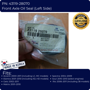 Hyundai Front Axle Oil Seal (Left Side) 43119-28070 - Fits Accent 2000-2011 Elantra 2001-2010 Getz 2002-2011 Matrix 2001-2010 Spectra 2004-2009 Soul 2010-2013 and Rio 2006-2011 - Made in Korea