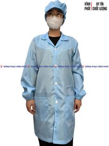 Set Áo Thân Dài Chống Tĩnh Điện Màu Xanh Ya + Nón Vải Lưới Bọc Tóc Chống Tĩnh Điện Cho Công Nhân Phòng Sạch | Hình thật