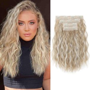 REECHO Clip in Hair Extensions 4PCS Hair Extensions 14" Short Wavy Invisible Lace Weft Natural Soft Hairpieces for Women – Ash Blonde with Highlights