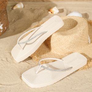Free Shipping New WomenS Summer Square-Toe Fashion Outdoor Beach Flat Flip-Flops With Rhinestone Embellishments