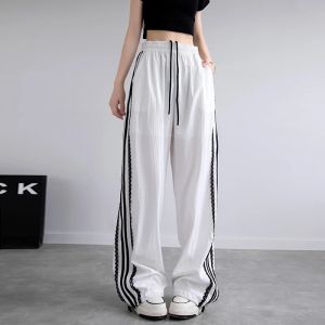 Korean Lace Patchwork Womens Trousers Side Stripe Webbing Wide-Leg Pants Casual Baggy Sweatpants Womens Pants Trend 2026