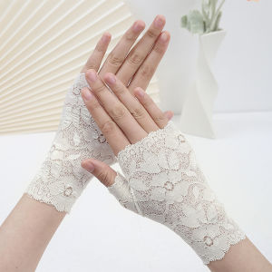 Summer lace half-finger sunscreen short gloves Womens thin bare fingers fingerless mid-long gloves driving breathable decoration