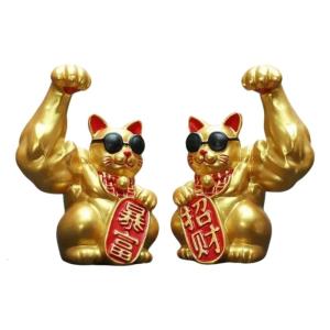 Muscle Arm Lucky Cats Sculpture Wealth Fortune Cats Figurine for Prosperity Fengshui Home and Office Desktop Decoration