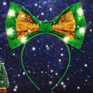 Light Up Christmas Green Bow Headbands Gold Glitter Bowknot Hair Accessories LED St Patricks Day Hairband for Women